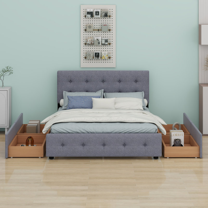 Lit plateforme tapissier avec tête de lit classique et 4 tiroirs, Gris foncé