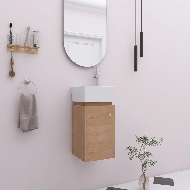 Petit meuble-lavabo 12 po avec comptoir en céramique et porte à fermeture en douceur, Brun