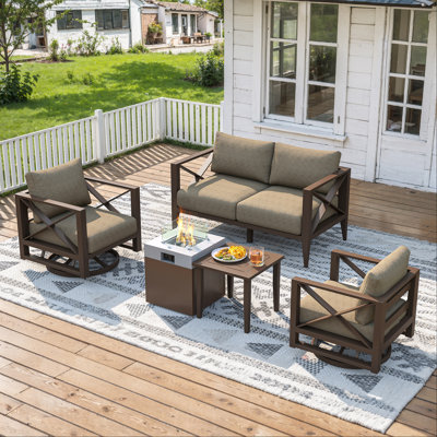5 - Person Outdoor Aluminum Conversation Set with Swivel Chairs & Firepit