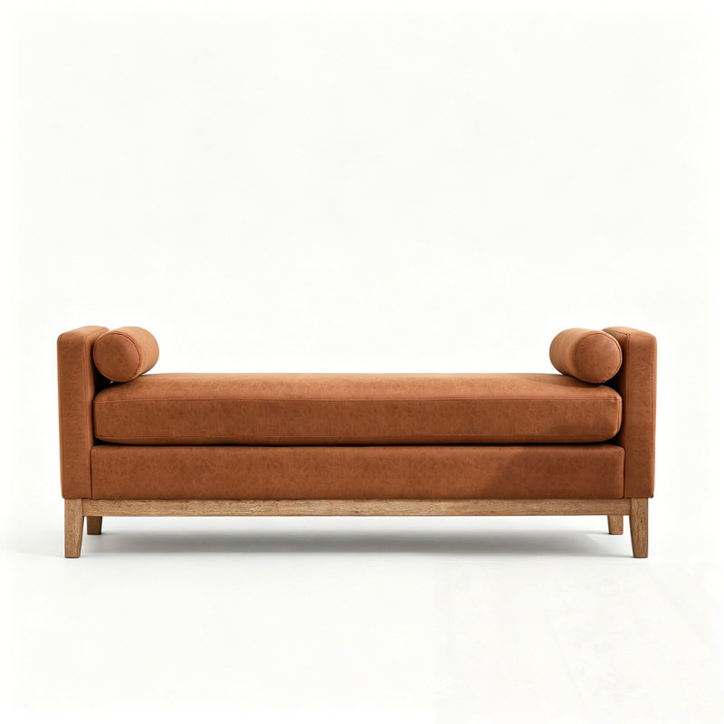 Upholstered Bench with Arms, Wood Legs and 2 Bolsters, Brown