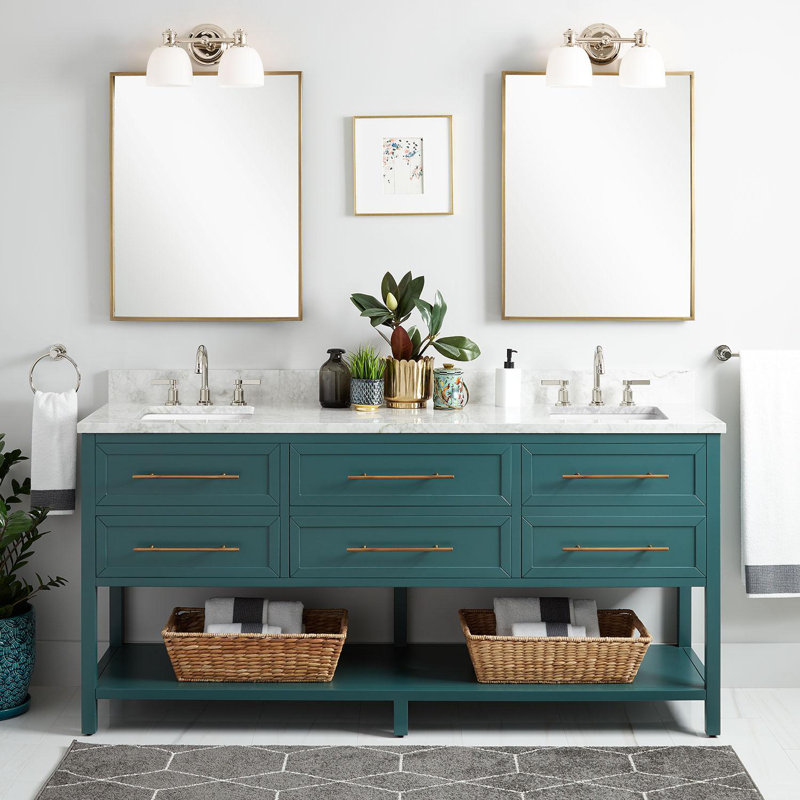 72" Robertson Double Bathroom Vanity Set with Rectangular Undermount Sinks, Midnight Navy Blue, 8" Widespread, Carrara Marble