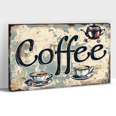 Vintage Coffee Canvas Wall Art Framed Kitchen Picture Prints Retro Teapot Cup Poster Painting Colourful Kitchen Wall Artwork for Dining Room Cafe Home Decorations, 12×16 Inches