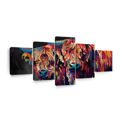 " Highland Cow Duo Abstract Color Multi Piece Canvas Print " 5 - Pieces