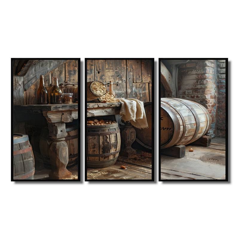 «Brown Rustic Barrels Charm I», ensemble de reproductions d'art mural rustique, H 28 po x l 36 po x P 1 po