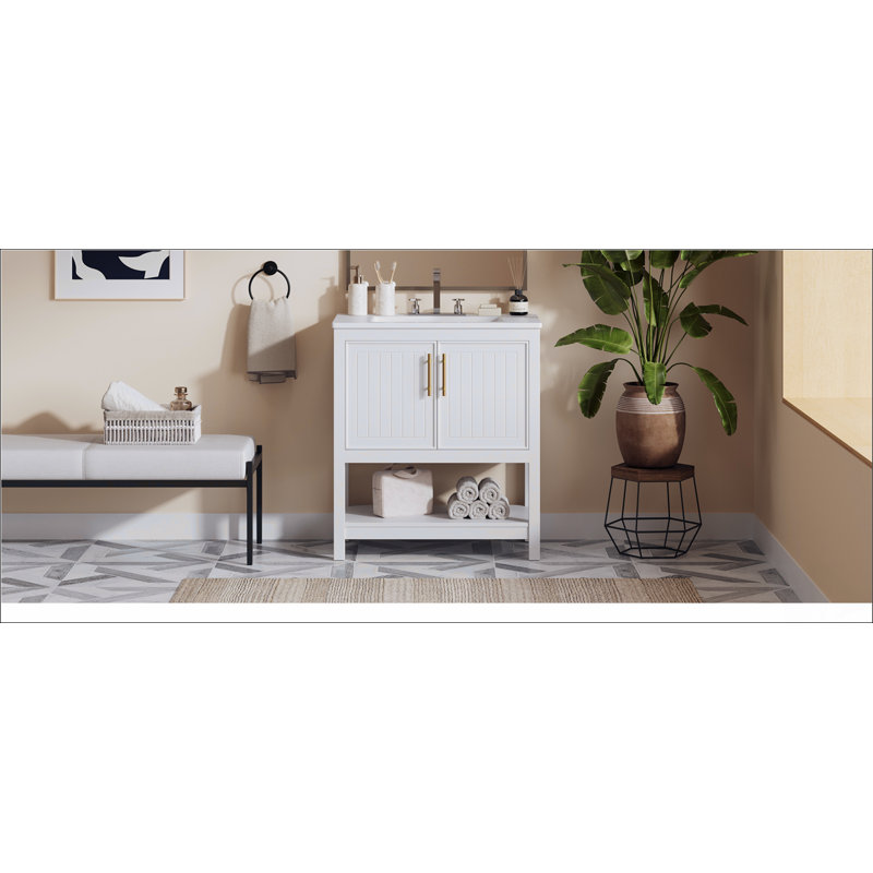 Meuble-lavabo de salle de bain avec lavabo en céramique et rangement polyvalent, Blanc