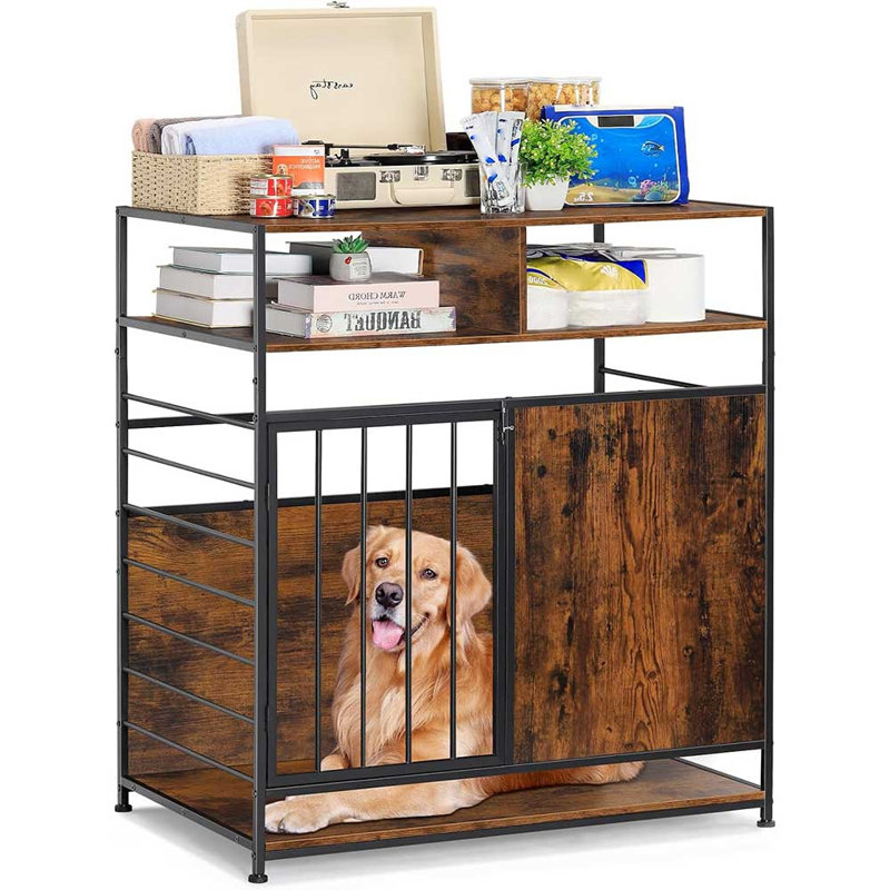 Cage pour chien moderne de 99 cm (39 pouces) avec tablette de rangement et côtés décoratifs.