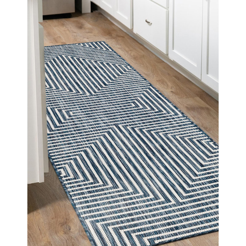 Tapis bleu contemporain Odawa, Tapis de couloir 2 pi x 8 pi