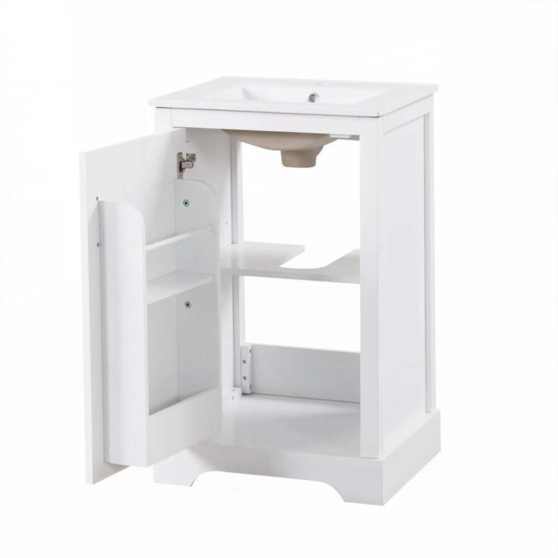 Meuble-lavabo de salle de bain avec lavabo en céramique, support de rangement et tablette réglable, Blanc