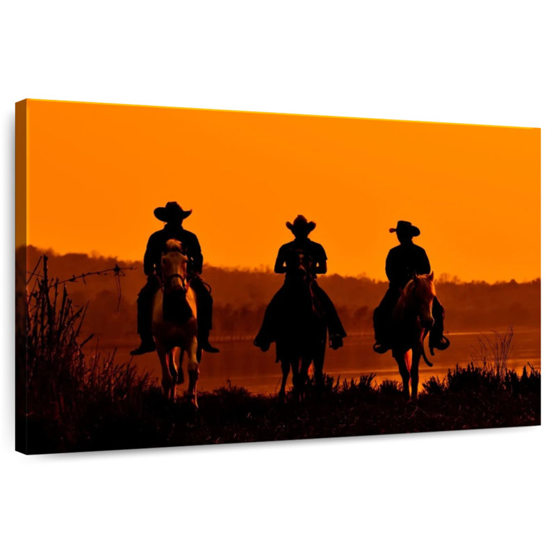 Cowboys au coucher du soleil, H 16 po x l 24 po