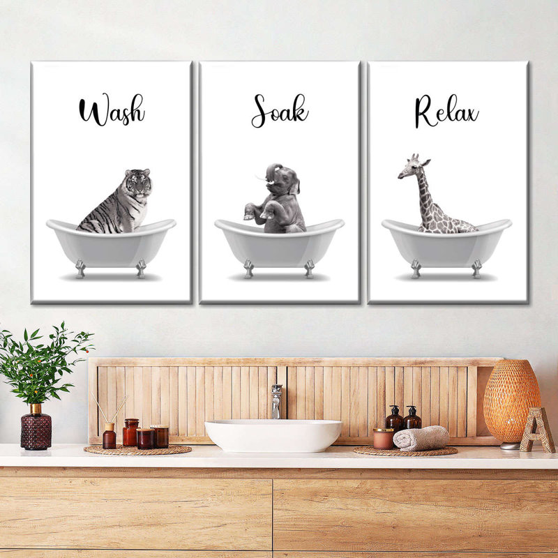 " Bathtub Animals Wash Soak Relax Multi Piece Canvas Print " 3 - Pieces, 15" H x 32" W x 1.25" D
