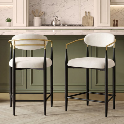 Modern Chenille Bar Stool With Backrest And Gold-Accented Frame