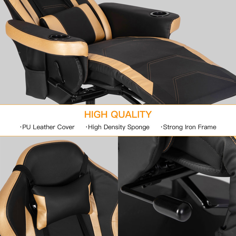 Inbox Zero Reclining Ergonomic Swiveling PC & Racing Game Chair with Footrest, Black/Gold
