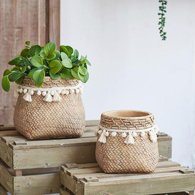 Set of 2 6.5x6.5x6" Brown Cement Planter with Woven Tassel Accent