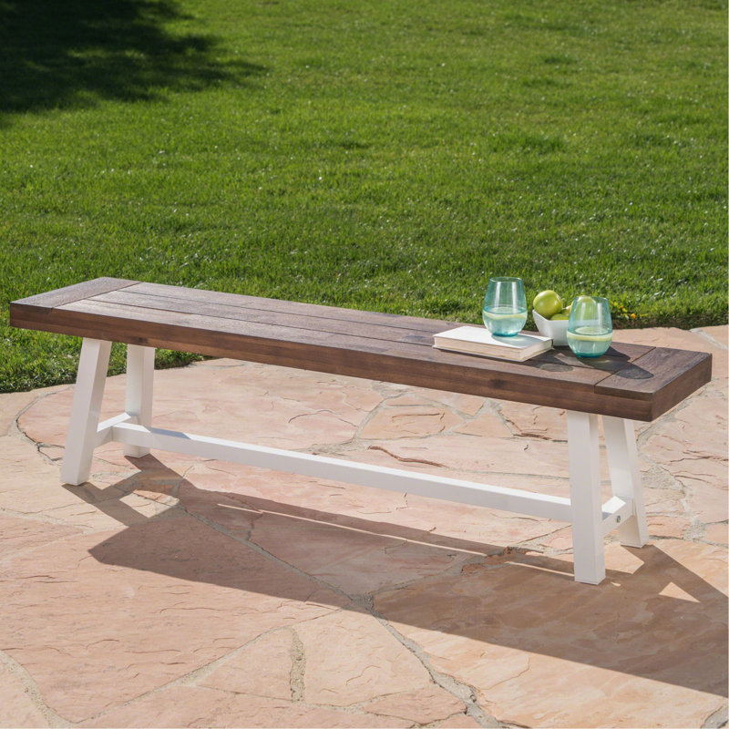 Banc en bois avec sablage brun foncé et structure en métal rustique blanc, hauteur de 17,5 po pour banc de finition pour l'extérieur