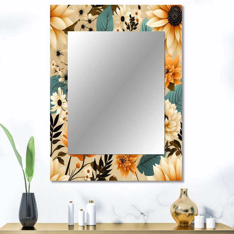 Mortola Mod Floral Nostalgia - midcentury  Mirror, Geometric,Abstract Unique Wall Mirror, Printed Metal Art, 40" x 30"