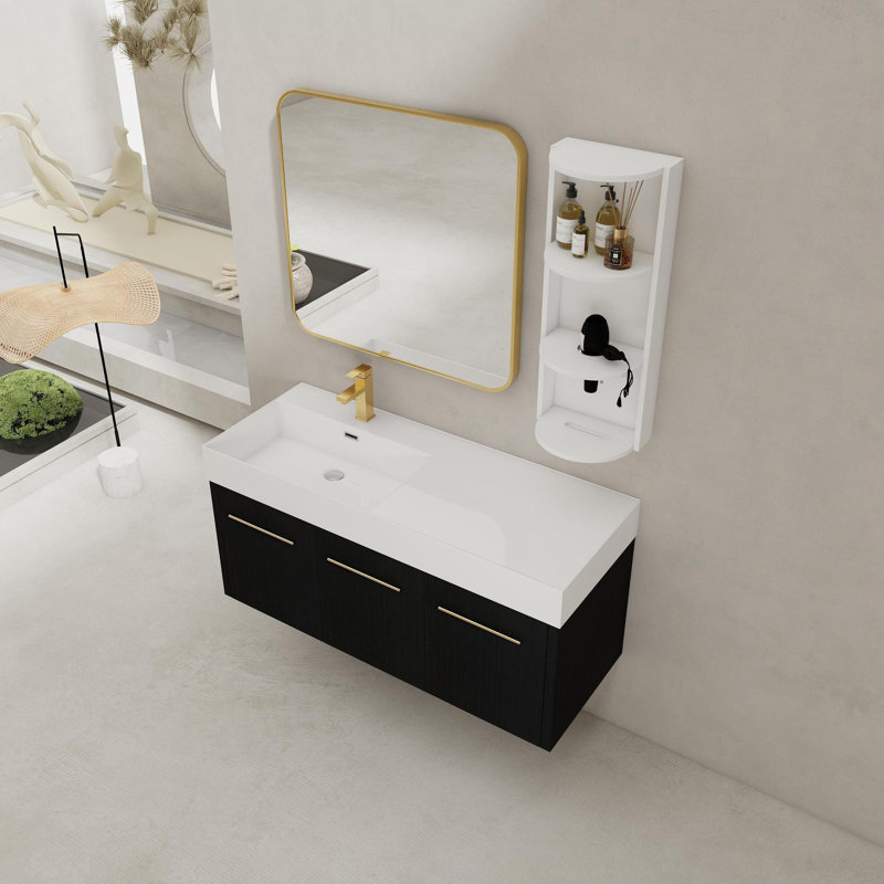 Meuble-lavabo mural 48 po avec lavabo et support de rangement, lavabo à rebord épais en résine gauche, ensemble KD