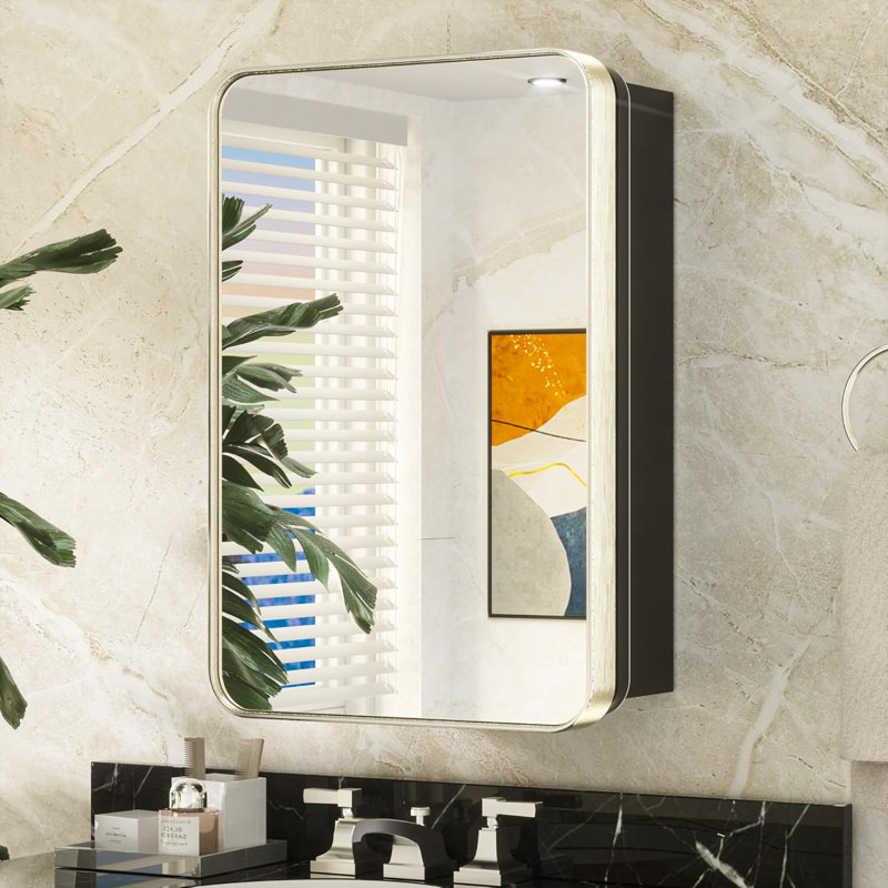 Armoire à pharmacie en nickel brossé pour salle de bain avec miroir, cadre en acier inoxydable, tablettes réglables, encastré ou mural, conception rectangulaire arrondie, fabrication durable