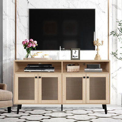 56.4"W Mid-Century Modern TV Stand, Natural