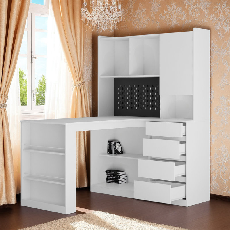 L-Shaped Corner Computer Desk with USB Charging Ports, Power Outlets, Writing Desk with Cabinet, Bookshelf, White