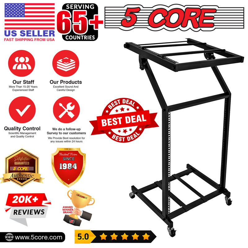 5 Core 16U Professional Audio Rack Mount DJ Mixer Stand Studio Adjustable Table Cart with Wheels
