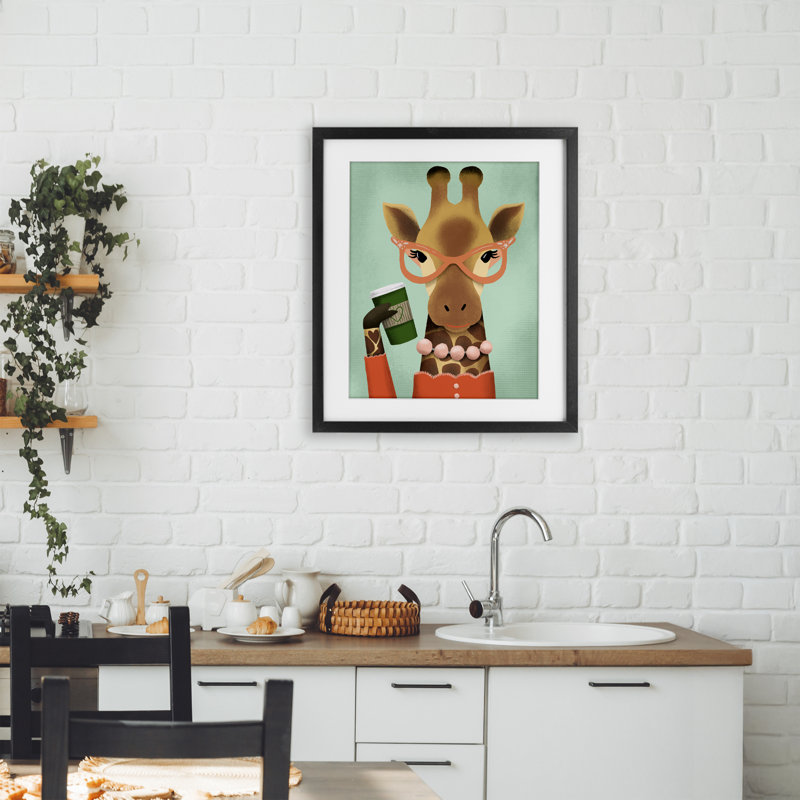 Élégante impression encadrée sous verre girafe et latte, design par Jilly Jack Designs, H 21 po x l 17 po, Cadre noir minuit