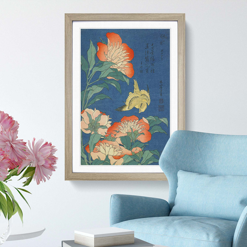 Canary and Peony by Katsushika Hokusai - Picture Frame Painting Print, 65cm H x 48cm W x 2cm D, Oak Framed