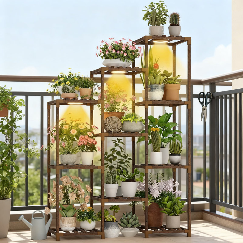 Support pour plante d'intérieur en bois à 4 niveaux avec lumière de croissance pour balcon, salon ou coin