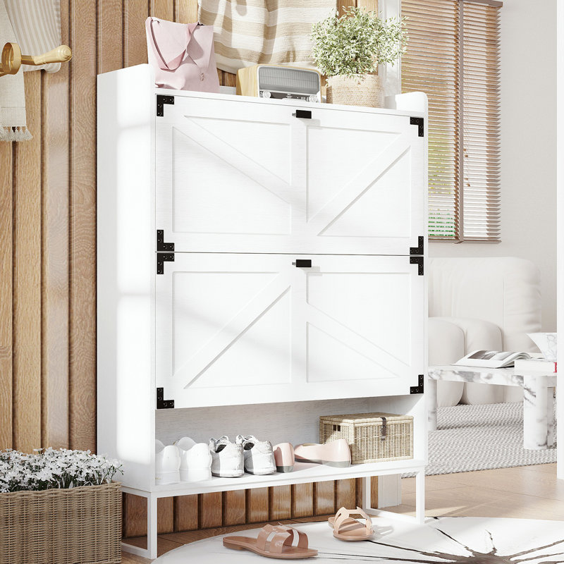 Shoe Cabinet With 2 Flip Drawers,Shoe Storage Cabinet For Entryway,Freestanding Shoe Cabinet Organizer With Open Storage,Narrow Farmhouse Shoe Rack With Metal Corner Decoration Legs