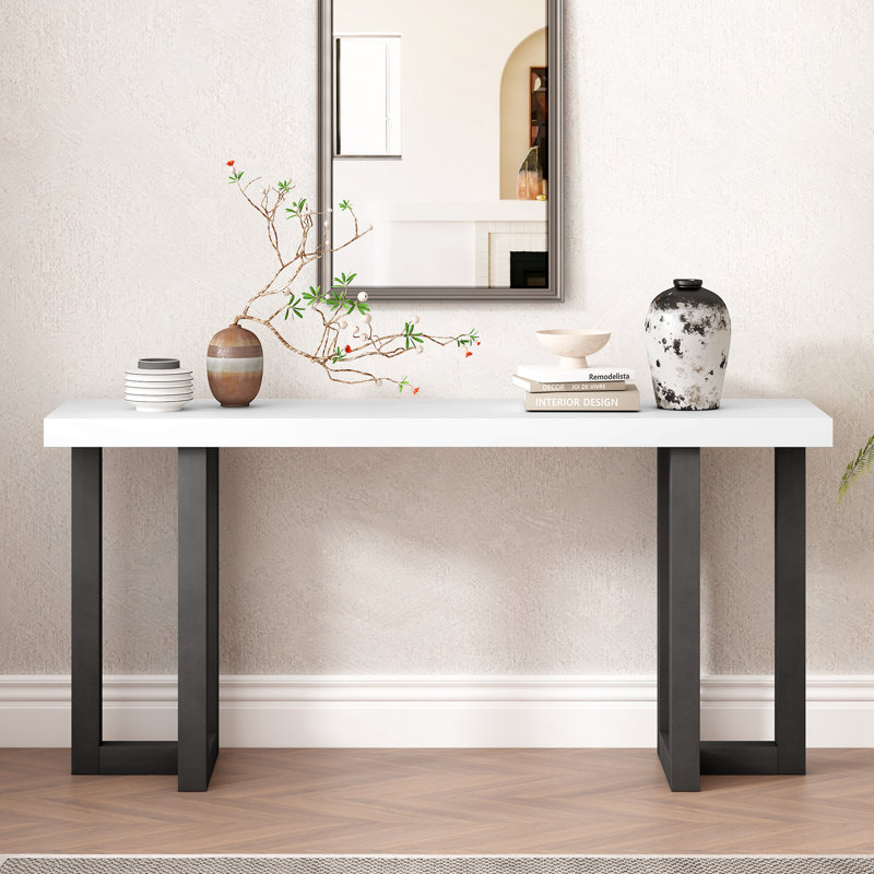 Console 63 "à motif géométrique avec pieds en pin massif, Blanc/Noir