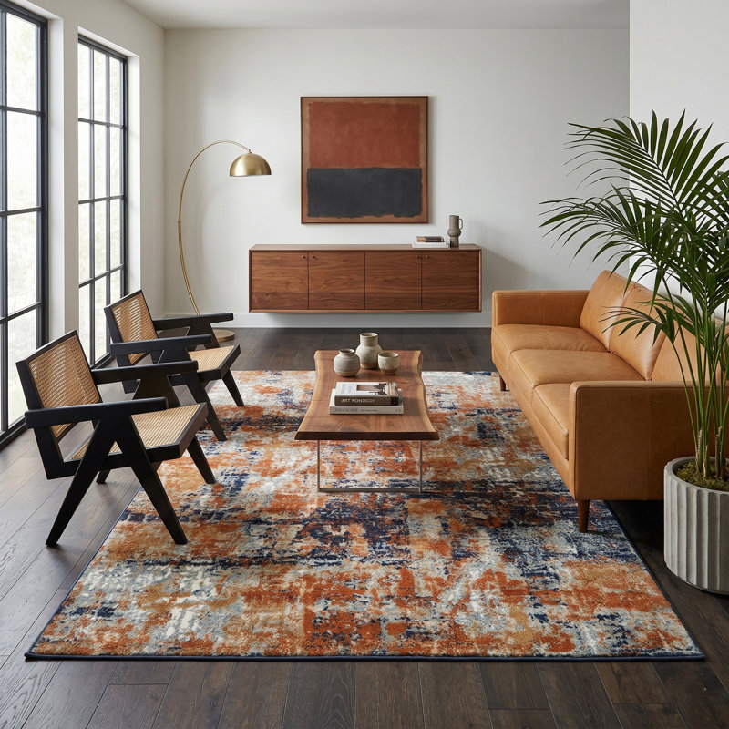 Abstract Durable Performance Rust/Blue Indoor Area Rug, Rectangle 8'9" x 11'9"