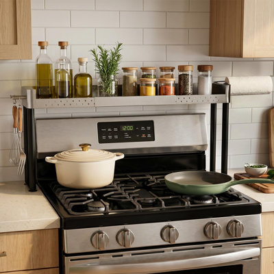 Length-Adjustable Stove Top Shelf, 28–34 in Over-Stove Spice Rack,silver