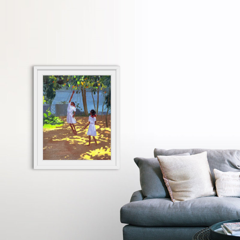 Reproduction d'art, "Reaching For Oranges Bentota" par Anmoore, H 38 po x l 32 po x P 1 po, Cadre blanc