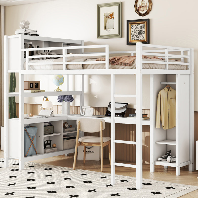 Metal Loft Bed With Wardrobe And L-Shaped Desk, Full Size Loft Bed With Storage Cubes And Shelves, Heavy Duty Loft Bed For Kids Teens Adults
