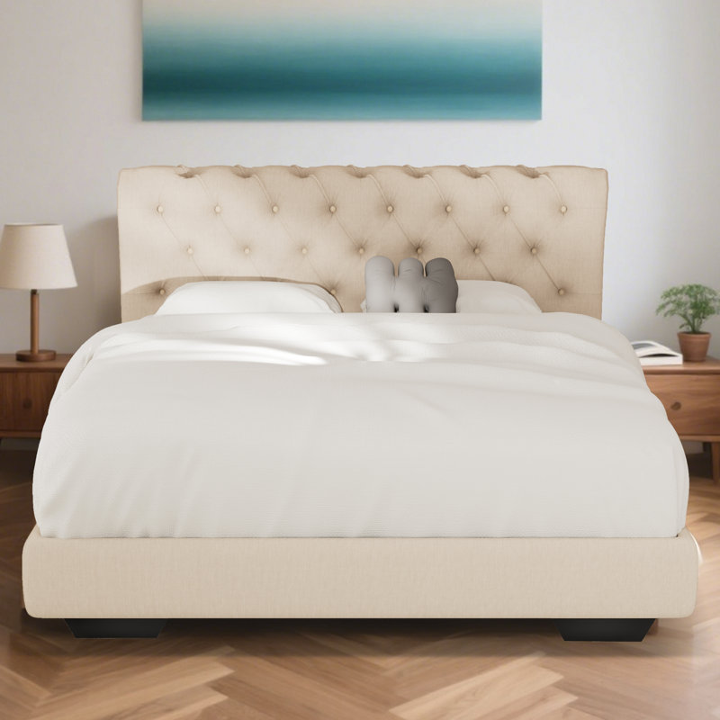 Structure de lit rembourrée en tissu de lin avec tête de lit réglable / style Chesterfield / support à lattes de bois, Beige
