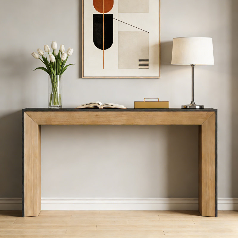 Console 59 po en bois avec plateau en placage de bois de haute qualité pour le couloir, le salon ou l'entrée, Noir/naturel