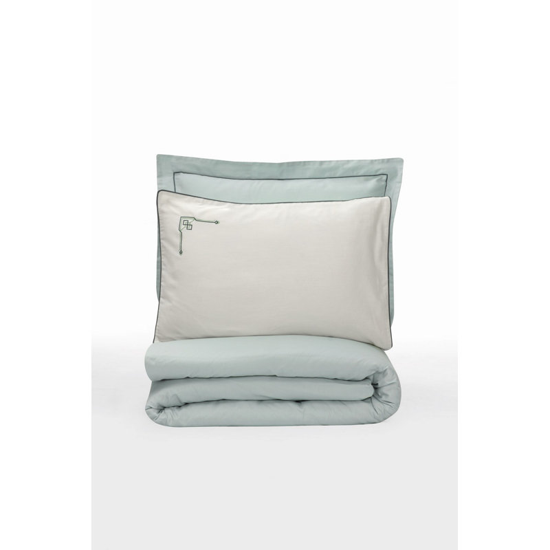 Luxury Satin Double Quilt Cover Set, Mint & White, 79.0 x 86.6 inches | 100% Cotton Satin, 305 Thread Count | Includes 2 Pillowcases & 2 Oxford Pillowcases | Digital Printing, Machine Washable, Elegant Design
