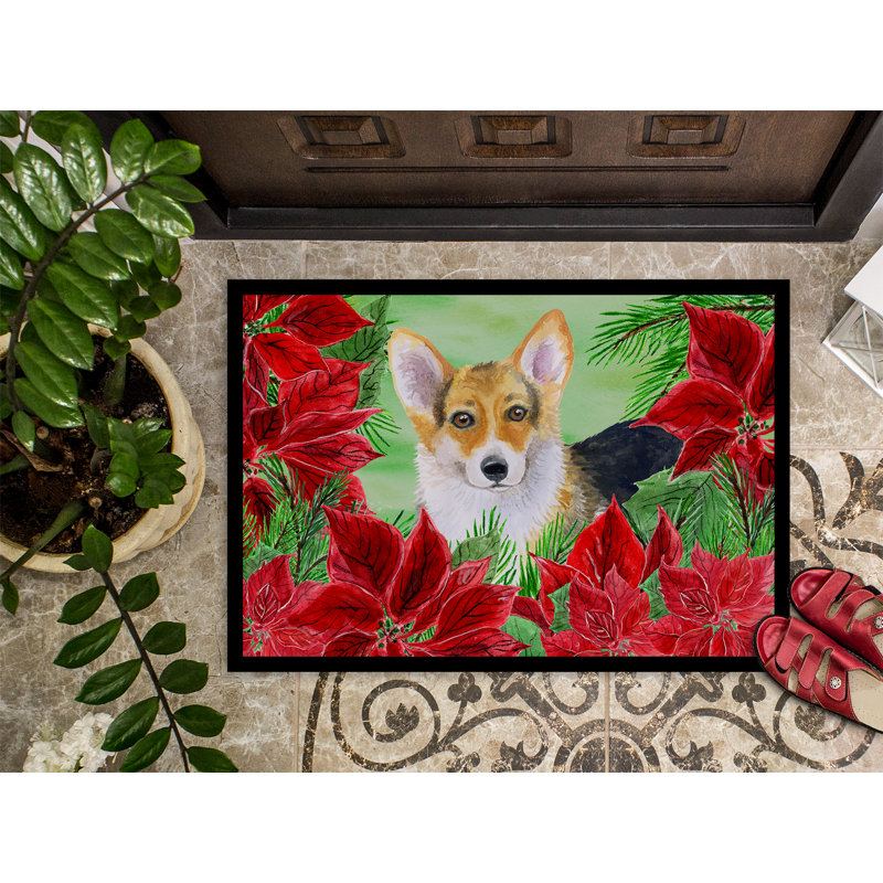Tapis de porte pour l’extérieur antidérapant pembroke corgi poinsettas, Rectangulaire : 18 po x 27 po