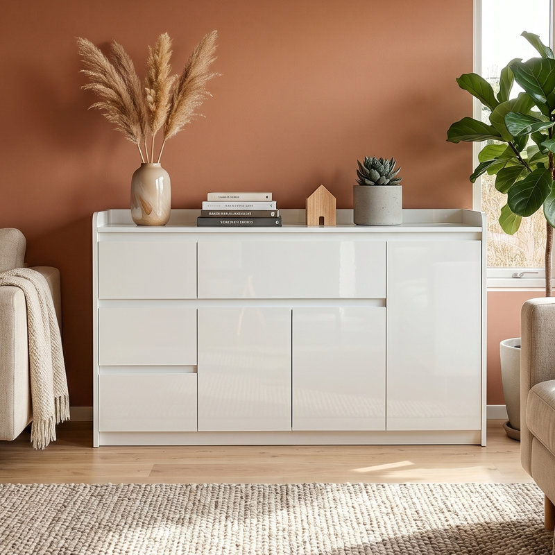 143cm White High Gloss Sideboard with 4 Drawers, 2 Cabinets & Top Guardrail