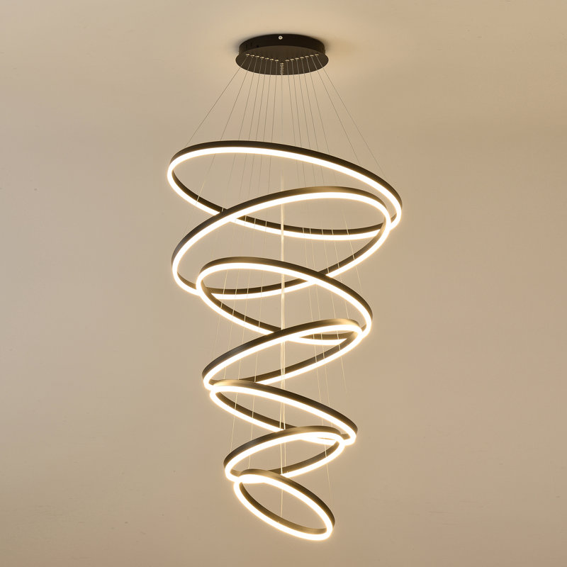 Lustre moderne à anneaux DEL, lustre doré à 7 anneaux pour plafonds clairs, suspension à intensité variable pour hall d'entrée, escalier, salon ou pièce à vivre.