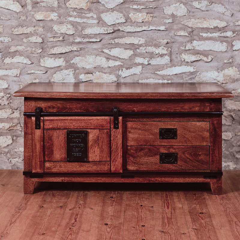 Solid Mango Wood TV Stand Cabinet – Fully Assembled Industrial Rustic Media Unit With Sliding Barn Door – Wooden Entertainment Console For Living Room – No Veneer Storage Cabinet