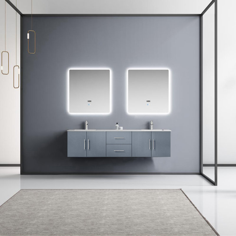 Geneva 72" Wall-Mounted Double Bathroom Vanity Set with Mirror, White Cultured Marble, Dark Gray