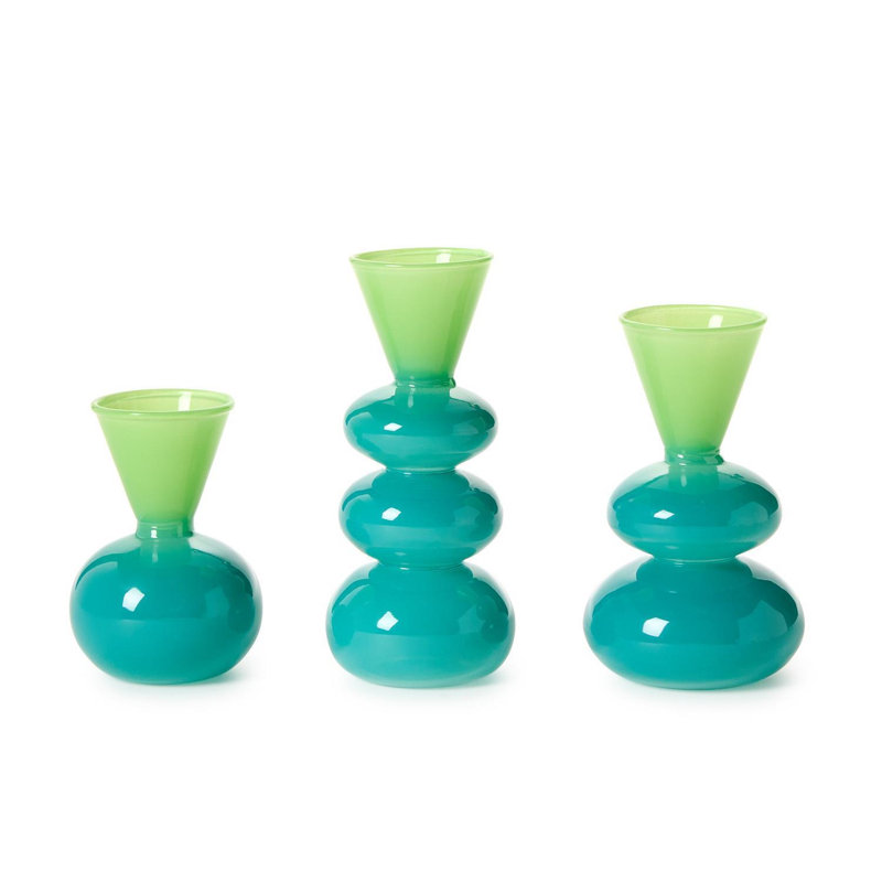 Verre Colorito, ensemble de 3 vases turquoise / vert comprenant 3 motifs