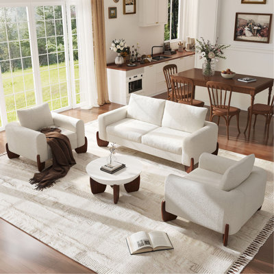U_Style Modern 3-Piece Living Room Sofa Set, 1 Loveseat & 2 Armchairs, Soft Bouclé Fabric, Pinewood Frame & Rubberwood Legs, Comfortable Modular Sofa for Family Room (Coffee Table Not Included)