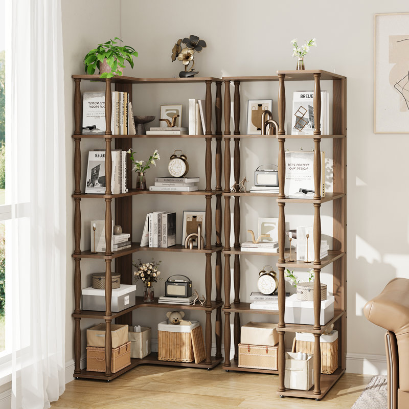 Retro Style 6-Tier L-Shaped Corner Bookshelf - Heavy-Duty Solid Wood & MDF Storage For Living Room, Walnut