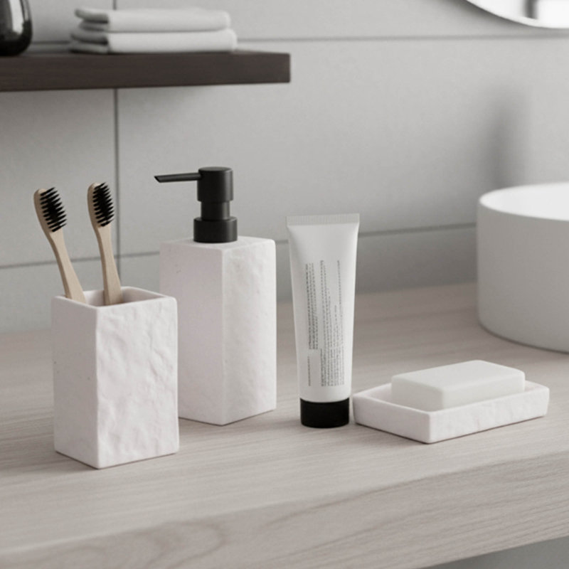 Plateau porte-gobelet porte-savon effet pierre, Blanc