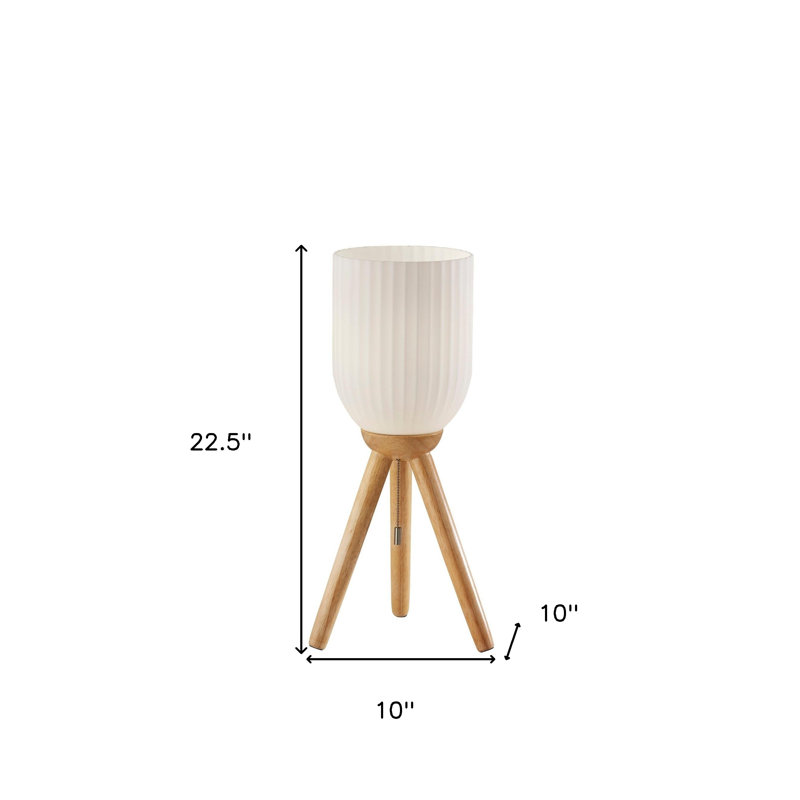 Lampe de table à trépied en bois massif naturel 23 po avec abat-jour en verre nervuré blanc