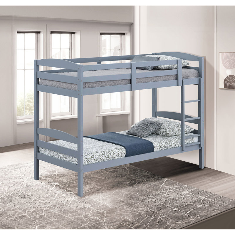 Lit simple au-dessus d'un lit superposé, conception à lattes arquées de style transitionnel gris, bois massif et d'ingénierie, système de joints, lit de 65 po de hauteur avec design transitionnel, profondeur de 42,5 po pour l'installation