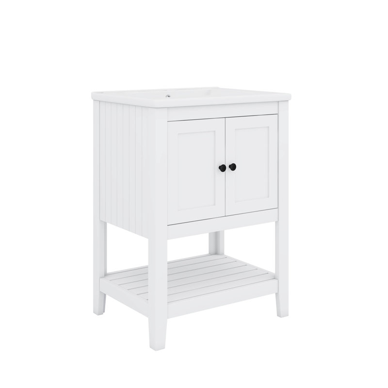 Meuble-lavabo contemporain élégant avec lavabo délicat en céramique et tablette ouverte, Blanc