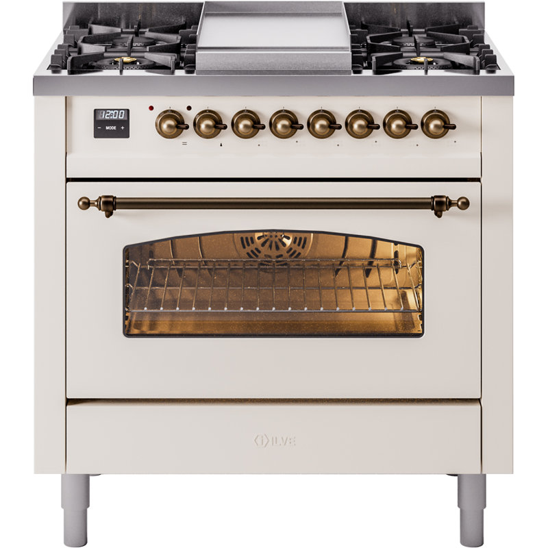 ILVE Nostalgie II 36 Dual Fuel Range, knobs, Antique White/Brass, Natural Gas
