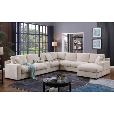Canapé modulaire en tissu en chenille de 141,5 po de largeur avec méridienne, porte-gobelets et ports de recharge